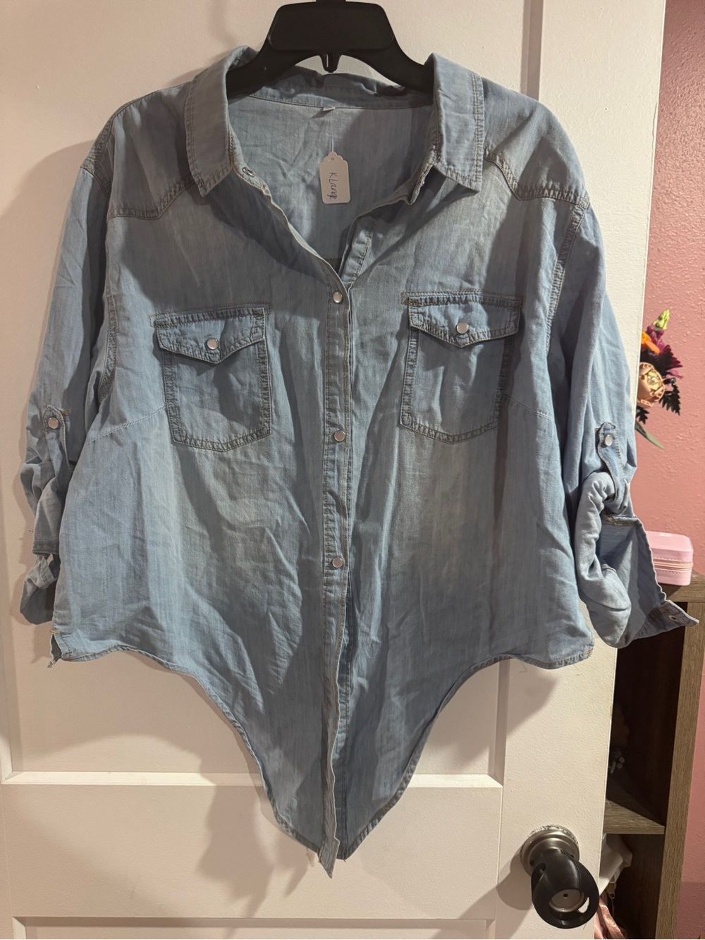 Cropped Light Wash Chambray Button-Up Shirt